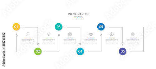 Infographic process with 6 steps to success. Can be used for presentation, workflow layout, diagram, banner. Vector illustration.
