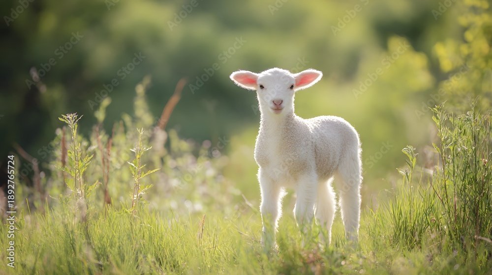 Obraz premium A fluffy lamb enjoys a peaceful spring meadow bathed in warm gentle sunlight creating a cheerful scene