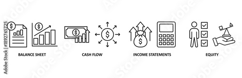 Financial statements icon set illustration contain balance sheet, cash flow, income statements and equity.