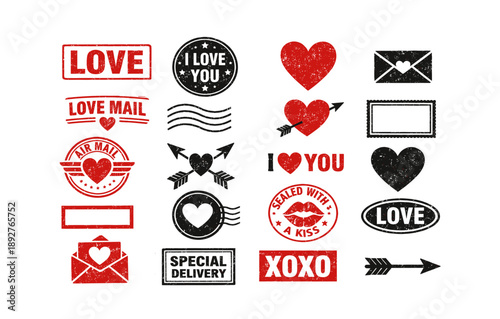 Romantic postal stamps and icons for love-themed designs