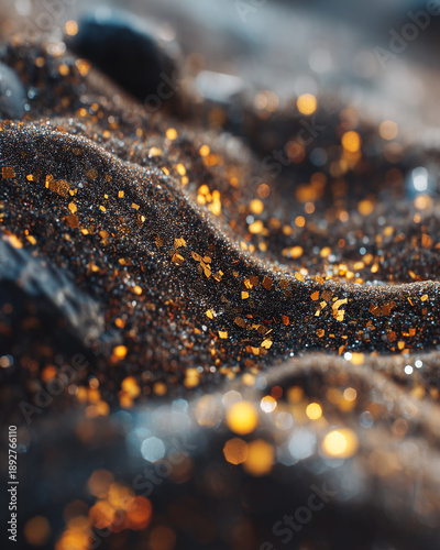 Close-up view of shimmering black sand with golden flecks, highlighting the texture and sparkle of the grains, for themes about gold panning and prospecting, luxury backgrounds, vertical photo