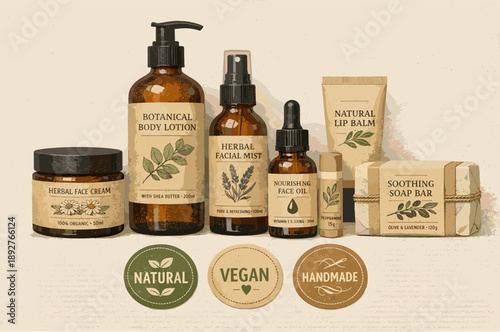 Natural skincare set with botanical packaging and eco-friendly labels