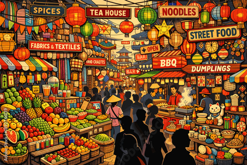 Vibrant night market scene with lanterns and street food stalls in asian style