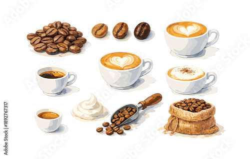 Coffee collection with cups, beans, and cream in realistic art style