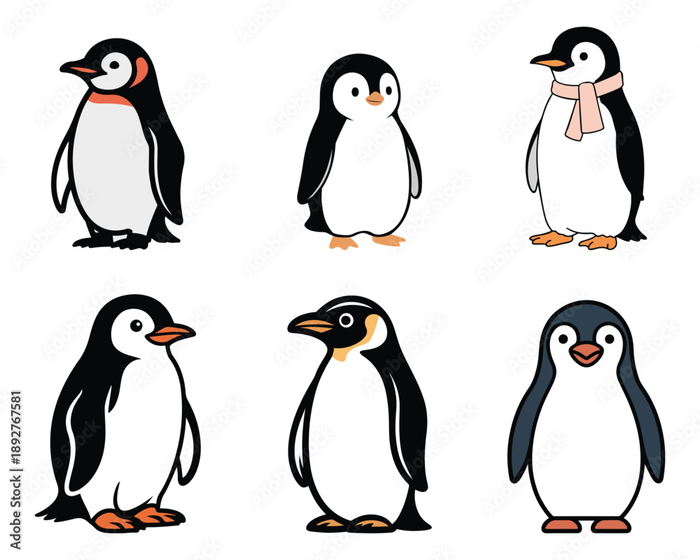 Obraz premium Cute penguin character set illustration with multiple cartoon penguin poses and expressions, isolated on transparent background, perfect for children projects, stickers, apps, and clean design