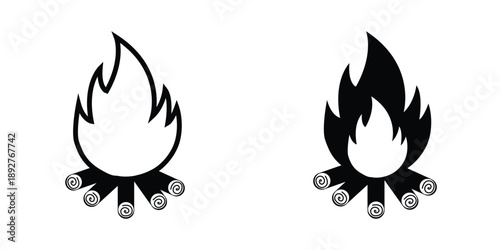 Campfire Outline and Solid Illustration Icon Set Vector for Outdoor Design