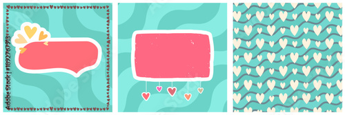 turquoise Valentines day geometric wave and stripes background collection. Valentines day teal and aqua wave poster, social media post layout, quiz backdrop, square banner design template set