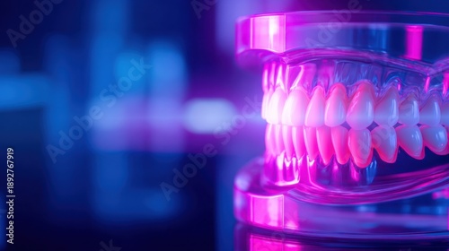 Dental model displaying a full set of teeth illuminated by neon pink-purple light in a cool blue lab setting