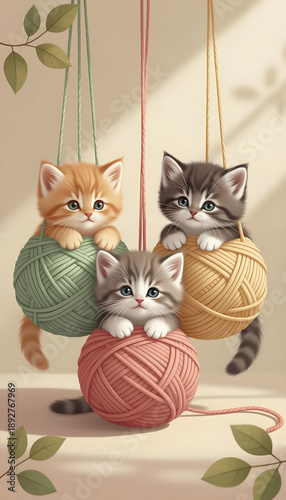 Three playful kittens, a ginger, gray tabby, and fluffy white, sit on colorful yarn balls, surrounded by a soft, neutral background with leaves. Stories template phone background
