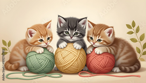 Three playful kittens, one gray and two orange, interact with colorful yarn balls in a soft, neutral background with green leaves enhancing the scene