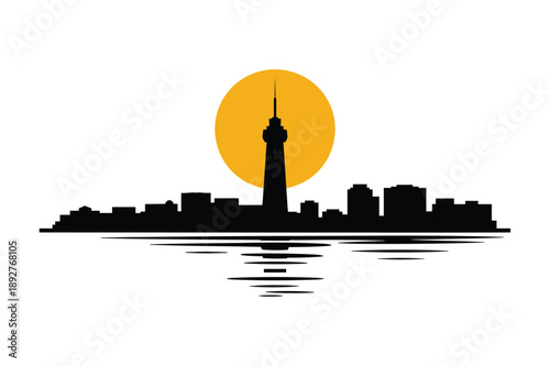 Urban Skyline Silhouette at Sunset with Water Reflection, city skyline concept