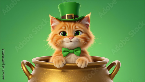 Orange tabby cat with a green leprechaun hat and bow tie sits in a gold pot, set against a vibrant green background for Saint Patrick's Day