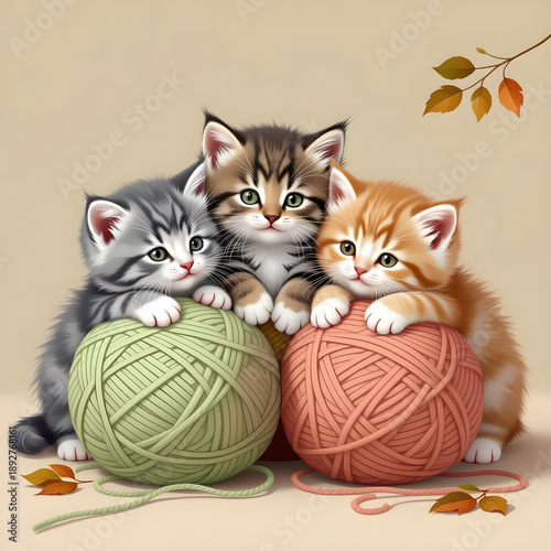 Three playful kittens, a gray tabby, a brown tabby, and an orange tabby, rest on colorful yarn balls with autumn leaves in the background