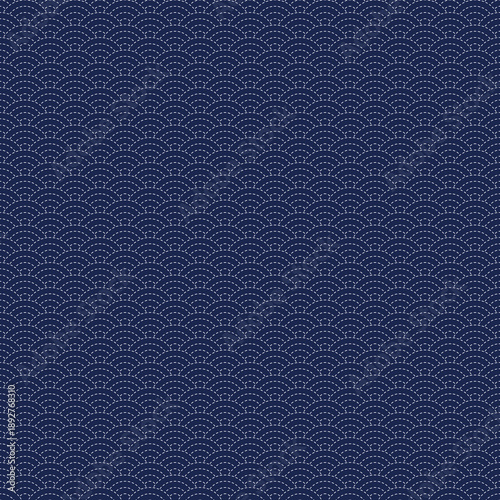 Traditional Japanese Seigaiha pattern, also known as Blue Sea Waves. Seamless vector background featuring Sashiko embroidery style with geometric intersecting circular arcs in white dashed lines on a 