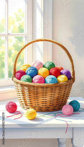 A woven basket filled with vibrant yarn balls sits on a white table beside a sunny window, casting soft shadows and highlighting the colors. Stories template phone background
