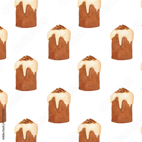 Seamless watercolor Easter dessert pattern with traditional pastries, hand painted repeating bakery background for holiday packaging and stationery