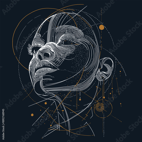 Intricate line art illustration of a human face combined with geometric lines and cosmic elements. Modern abstract artwork symbolizing consciousness, technology and human mind concepts