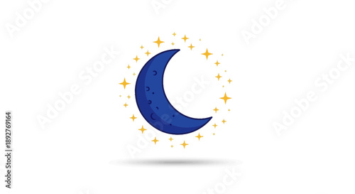 Blue crescent moon surrounded by golden stars in a serene night sky illustration