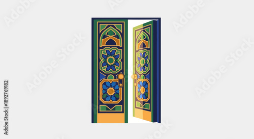 Ornate doors with vibrant patterns and designs opening to reveal a glimpse inside, showcasing intricate details and cultural heritage