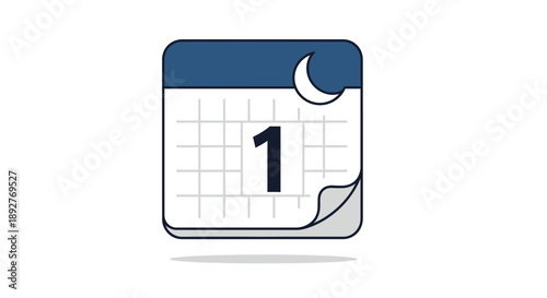 Calendar page turned to the first day of the month with a crescent moon icon, simple illustration, modern design, office supply, date marker
