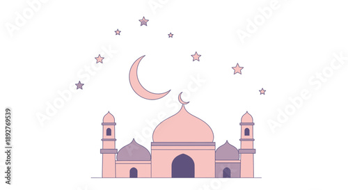 Illustration of a mosque with a crescent moon and stars in the night sky