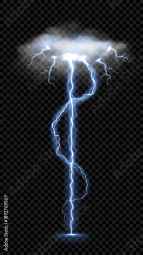Realistic thundercloud with vibrant ray of lightning strike. Abstract vector illustration with atmospheric phenomena. Flickering lightning discharge strikes the ground. Thunder bolt effect.