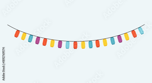 Colorful paper banner hanging in a curved line on a string, viewed from the front