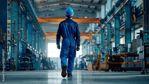 A worker in a blue uniform walks through a large industrial warehouse with machinery.