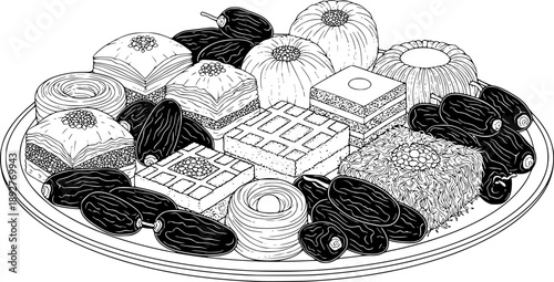 Middle Eastern sweets and dates black and white illustration
