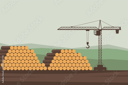 Logging Site with Stacks of Timber and Industrial Crane, industrial forestry concept