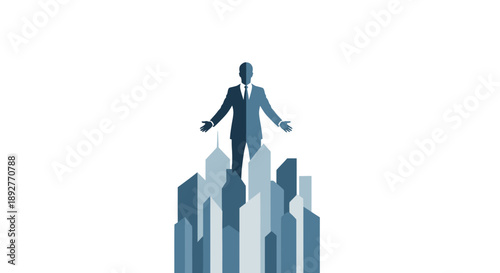 Businessman standing on top of a city skyline illustration.