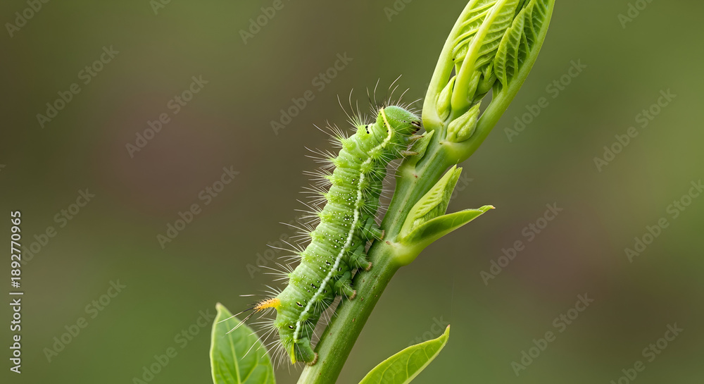 Fototapeta premium Green caterpillar crawls on stem
