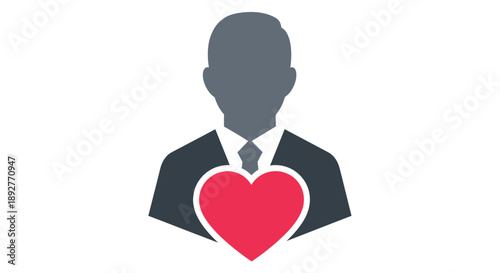 Man in suit holding a red heart symbolizing love and care.