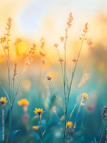 Warm golden sunlight illuminates delicate meadow grass in a summer field, creating a tranquil and ethereal scene, perfect for nature-themed stock photography