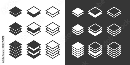 Layers icon set. A pictogram of multiple layers within a composition. Denoting the multi-layer nature of a product or structure. Raster icon.
