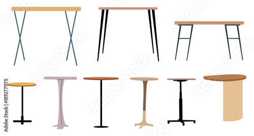 Minimalist flat illustration of modern tables arranged in a clean grid, featuring rectangular and round designs with contemporary shapes, neutral colors, isolated on transparent background 