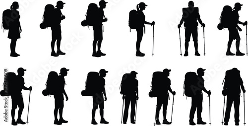 Black Silhouette Collection of Hikers and Backpackers Including Men and Women with Trekking Poles and Large Backpacks Isolated on White Background for Adventure Design