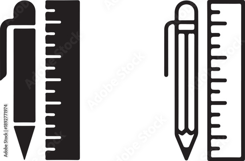 A graphic depiction shows two arrangements of a fountain pen and a ruler side by side in black