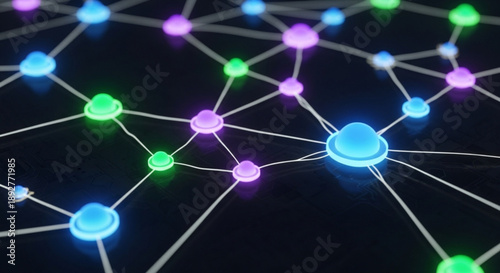 A vibrant network of interconnected nodes and lines on a dark background with glowing blue, green, and purple dots
