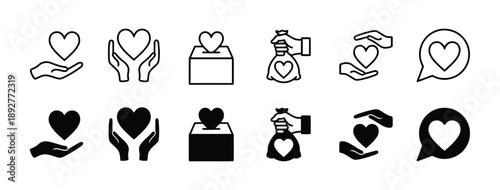 Set of heart icons symbolizing donation, charity, and care, featuring hands holding hearts, donation boxes, money bags, and speech bubbles with hearts for conveying love and support