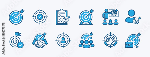 Set of modern flat icons representing business goals, strategy and success with targets, goals, team collaboration and achievement symbols