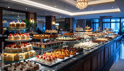 Delightful dessert display upscale bakery food photography elegant setting overhead view culinary art