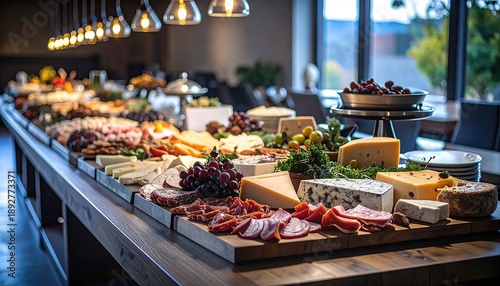 Gourmet cheese and charcuterie feast modern venue culinary display warm atmosphere inviting view taste exploration