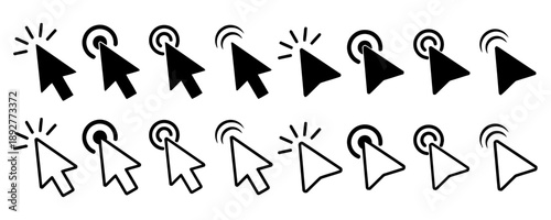 Set of cursor icons demonstrating various pointer actions and styles for web design elements and interactive interfaces on digital screens, including clicks and selection highlights