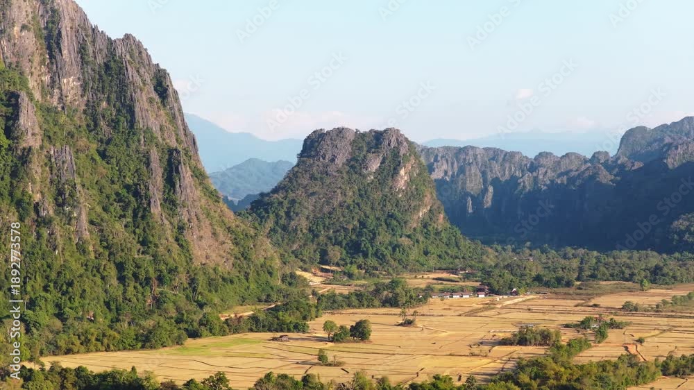 custom made wallpaper toronto digitalScenic Laos landscape with karst mountains and Vang Vieng rice fields from aerial viewpoint, travel and nature background