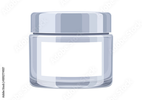 A transparent glass jar with a silver lid, isolated on a plain background, viewed from the front, showcasing its sleek design and empty contents