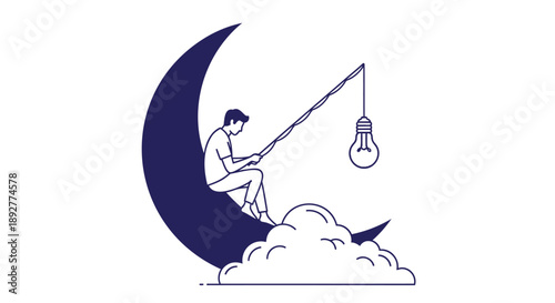 Man sitting on crescent moon fishing for glowing light bulb with large rod