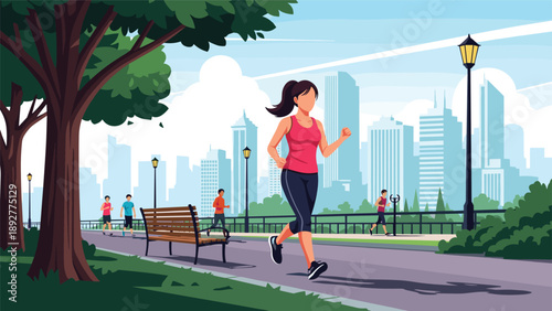 Athletic woman in a red tank top and leggings jogging along a scenic city park path with the urban skyline and other runners in view.