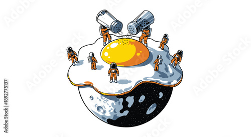 People on moon surface with egg and telescope concept of exploration and discovery