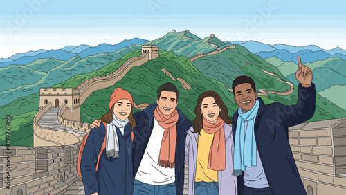 Group of four diverse young friends smiling and posing for a group photo at the Great Wall of China during a summer travel adventure.